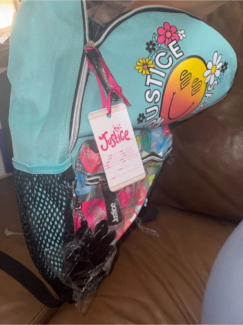 Justice Teal Multicolor Smiley Daisy Holographic Backpack